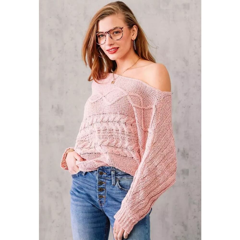 Willow & Root Asymmetrical Sweater Womens Large Pink Off the Shoulder Open Weave